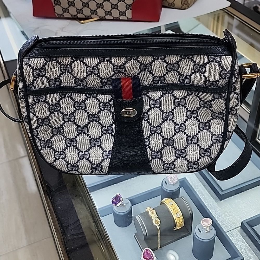 Authentic Vintage Gucci Sherry Blue Red Monogram Crossbody Purse Bag